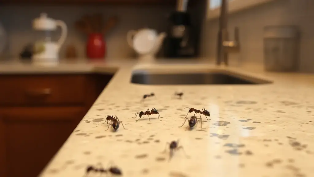 Cal King Pest Control   Cal King Pest Control   Ants marching on a speckled kitchen counter near the sink