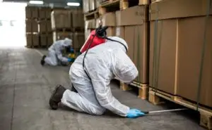 Cal King Pest Control   Cal King Pest Control   Two workers in white hazmat suits and blue gloves spray a pallet in a warehouse setting